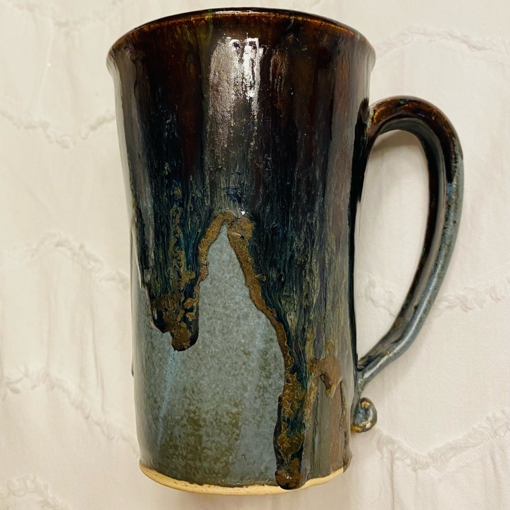Pottery stoneware mug by Kimberly A Clark tall cup drip design